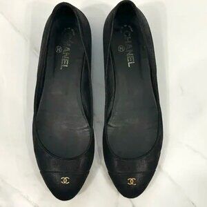 Chanel Black Leather Ballet Flats, Size 10.5, EU 40.5